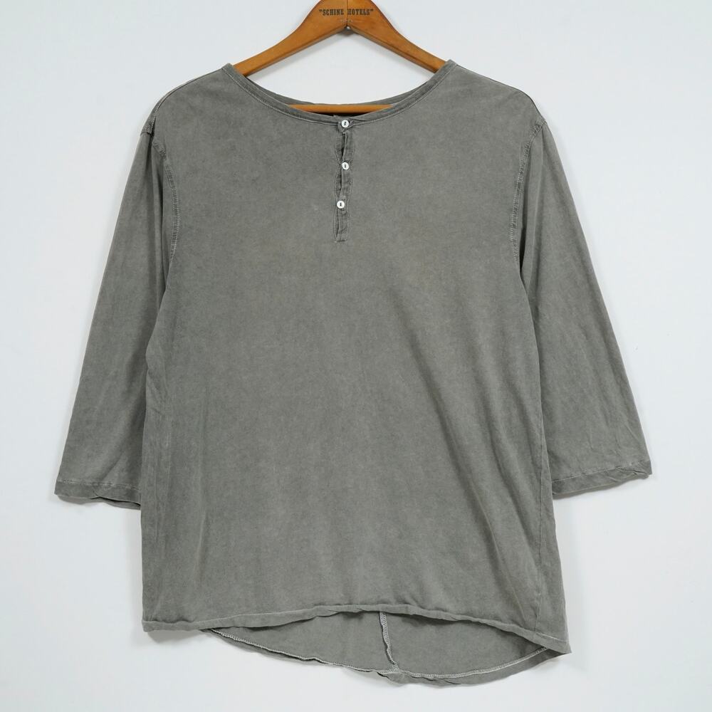 Y2K Washi Dry Goods Gray Henley Tunic Top Oversized 3/4 Sleeve Raw Hem M